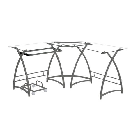 L Shape Computer Desk with CPU Holder and Casters, Silver - Saltoro Sherpi