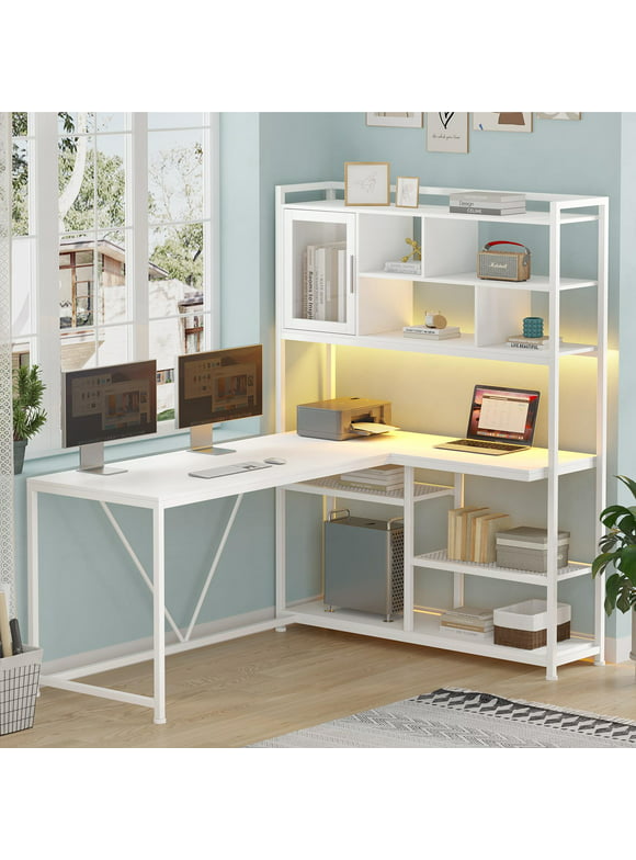 L Shape Computer Desk with LED Light and Bookshelf, 58'' Corner Desk with Storage Shelves for Home Office, White