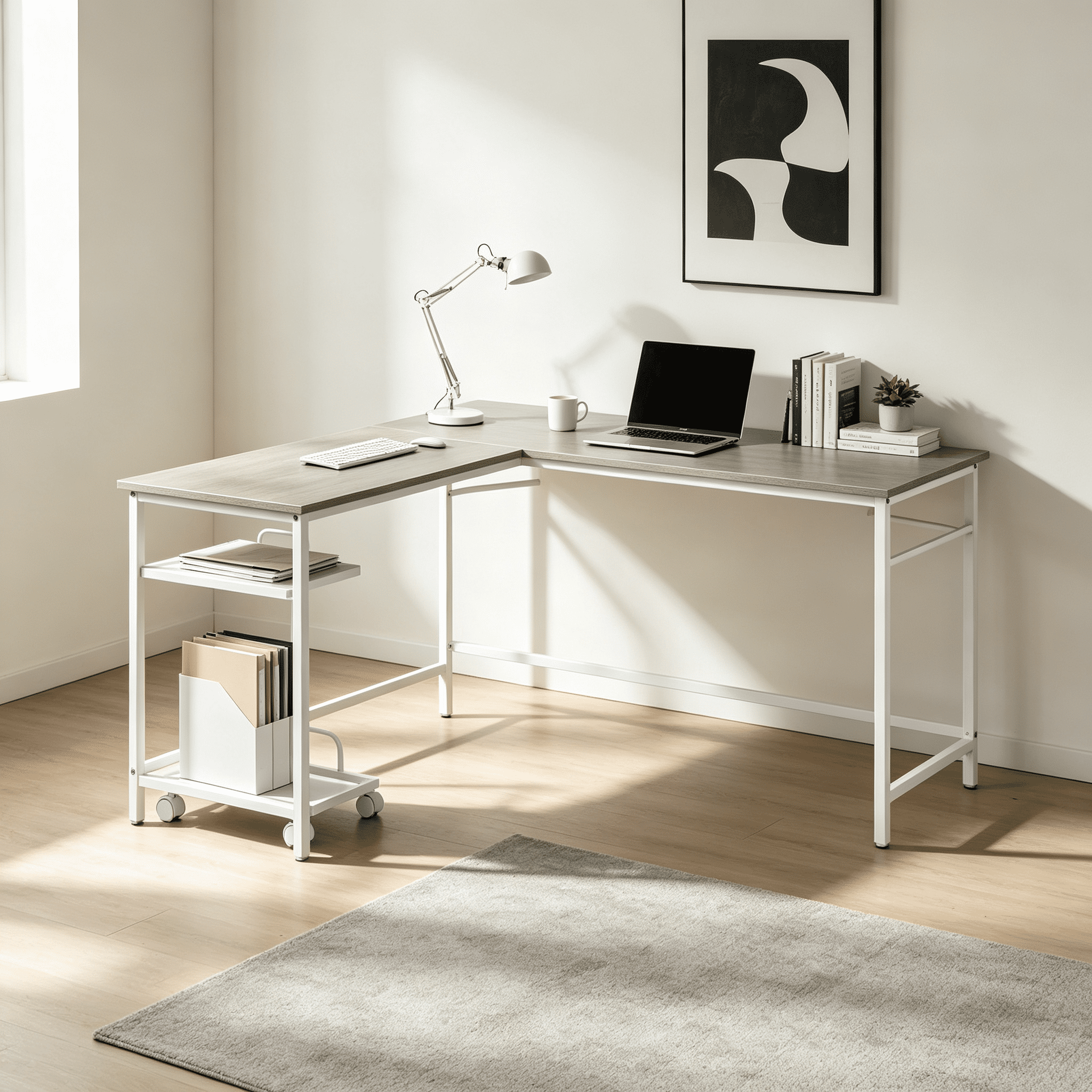 L-Shape Computer Desk with Mobile CPU Holder, Wood and Metal Corner Workstation, 66.5 in, Modern Home Office Desk