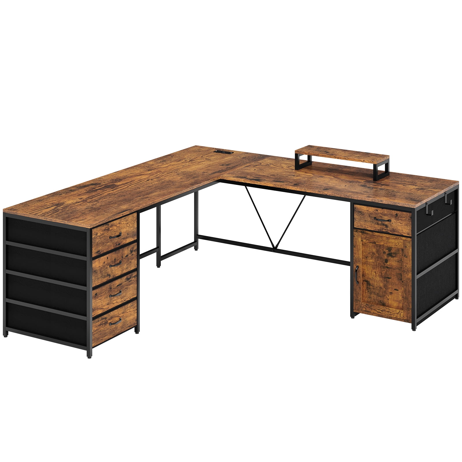 Rustic Brown L-Shaped Computer Desk with Drawers and Power Outlet