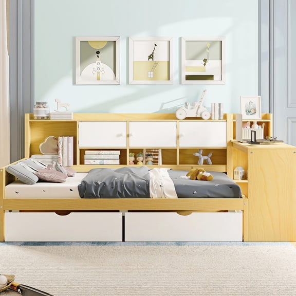 L-Shape Daybed with Storage Drawers, Desk and Built-in Bookshelf - Utilize Small Spaces for Study and Sleep