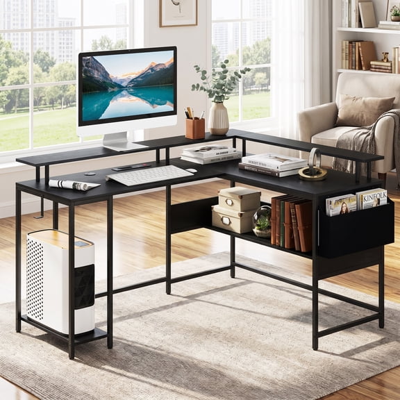 L Shape Desk with LED Lights and Power Outlets, Computer Desk with Storage Bag & CPU Stand for Home Office Gaming,Black