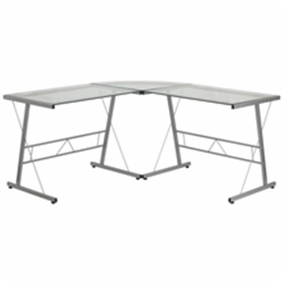 L-Shape Glass Computer Desk - Silver Frame - Spacious Design