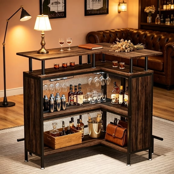 L-Shape Home Bar Table with Wine Glass Racks