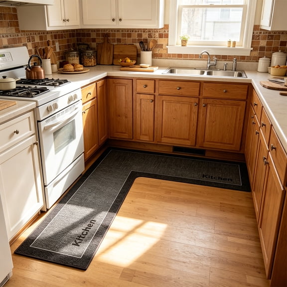 L Shape Kitchen Mat, Anti-slip Corner Kitchen Mats for Floor, 1 Piece L Shape Rug, Absorbent Runner in Front of Sink, Washable Floor Rugs for Home,Kitchen,Office(Grey ,59" x 59")