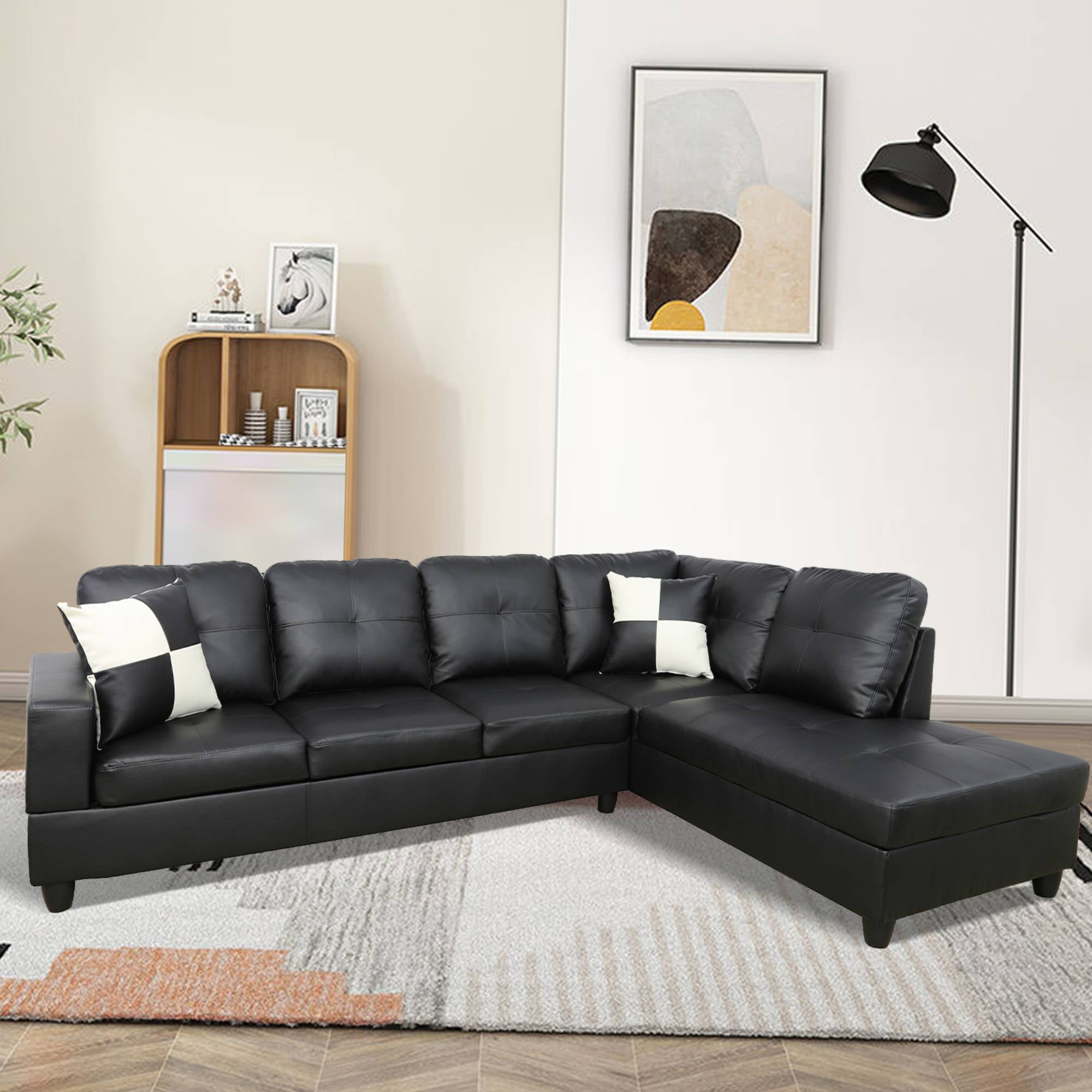 L Shape Leather sofa Couch Modern Sectional Couch with Chaise for Living Room Furniture Sets, Black