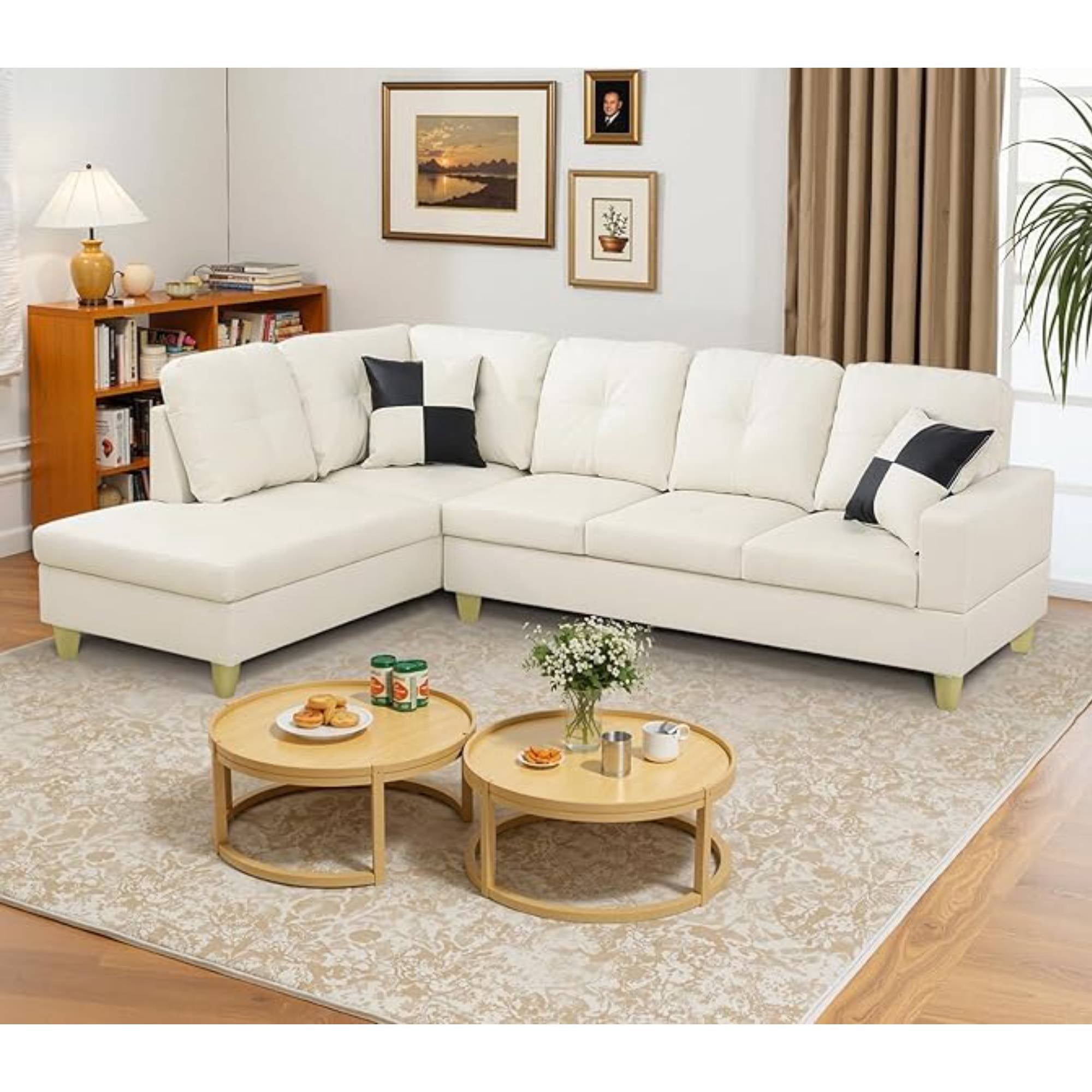 L Shape Leather sofa Couch Modern Sectional Couch with Left Chaise for Living Room Furniture Sets, White