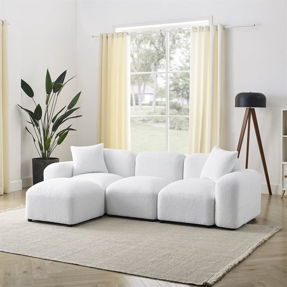 L-Shape Modular Sectional Sofa, Teddy Fabric Large Sofa Couch with 2 Pillows, DIY Combination 4-Seater Sectional Sofa for Living Room Apartment