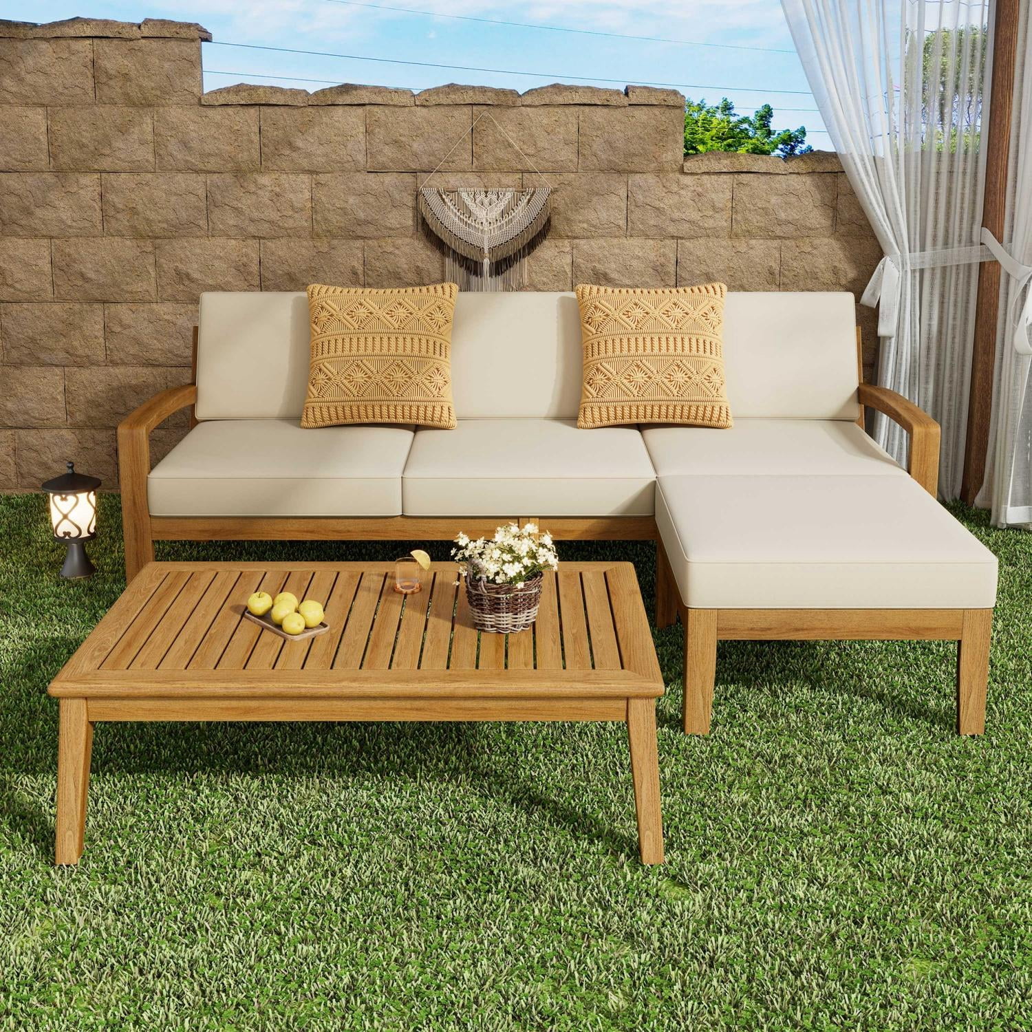 L-Shape Outdoor Acacia Wood Sectional Patio Sofa Set, 3-Piece Seating with Ottoman & Coffee Table, Weather-Resistant Cushions for Garden Backyard, Teak+Beige