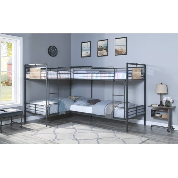 L-Shape Quadruple Twin Bunk Bed, Heavy Duty Metal Frame with Water Pipe Style Design, Dark Bronze Hand-Brushed Finish, Safety Guard Rails and Slat System, Black, 660lbs Weight Capacity