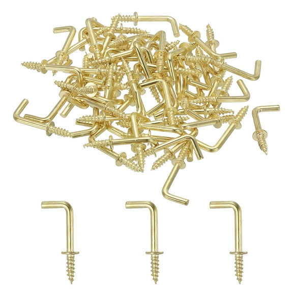 Uxcell L-Shape Screw Hooks Brass Plated Steel Shape Right Angle Medal Hooks, Fit for Hanging Home Office Gold 1/2 Inch