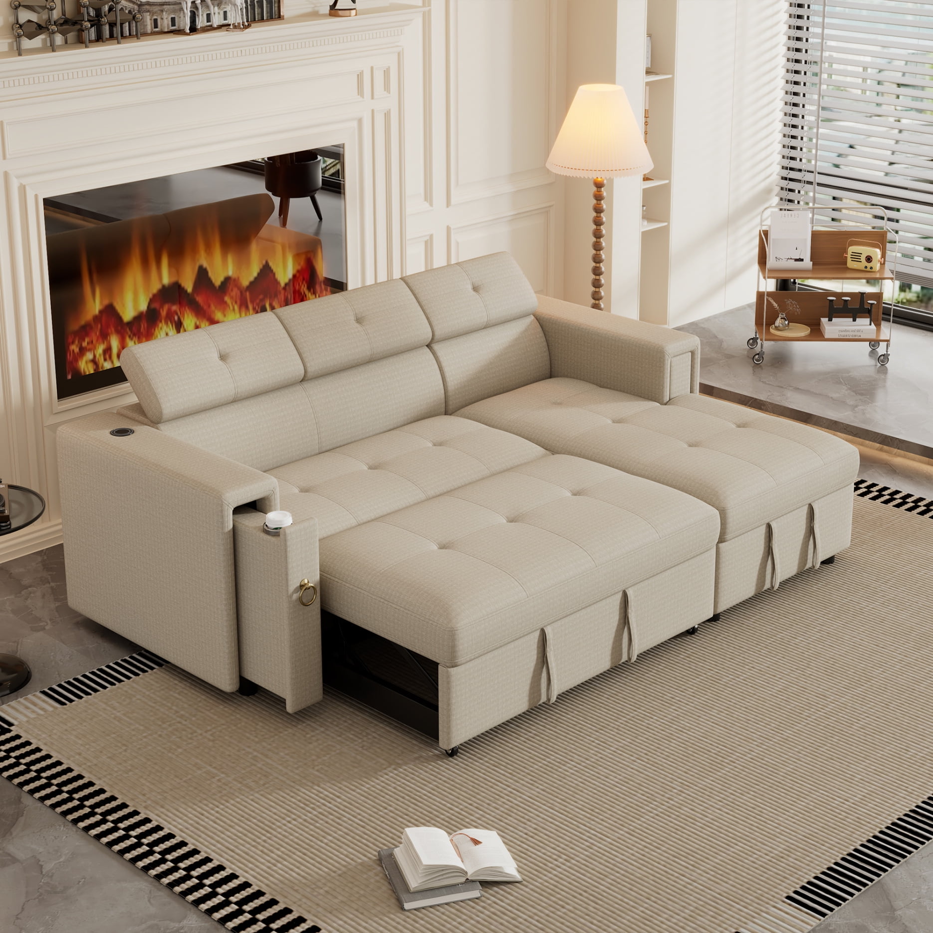 84" Oversized Loveseat Sofa With Storage & Charging - Modular Couch With USB, Type-C & Wireless Charging, Dark Grey