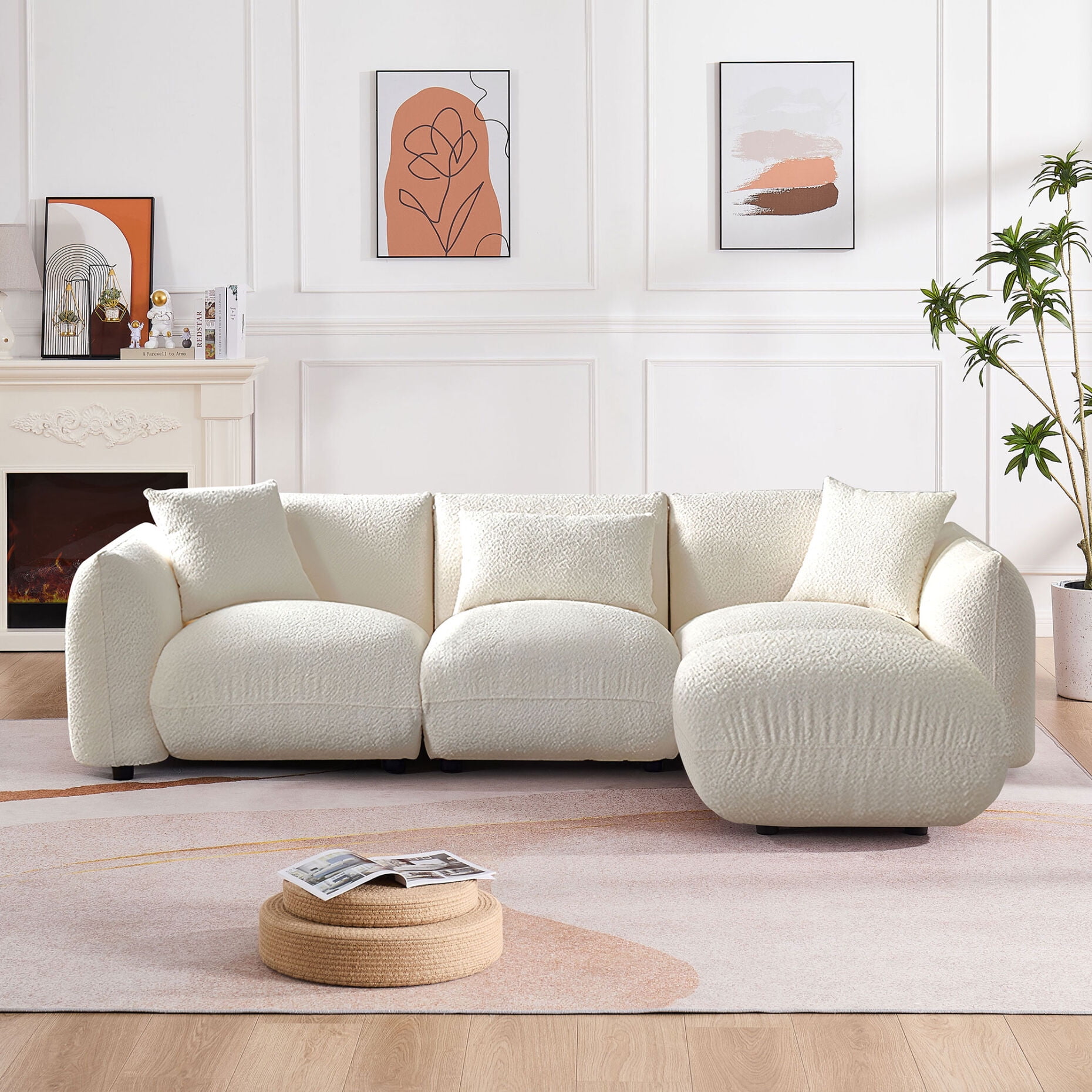 Beige L-Shape Sectional Sofa, 102'' Boucle Upholstered, 3 Beige L-Shape Sectional Sofa, 102'' Boucle Upholstered, 3
