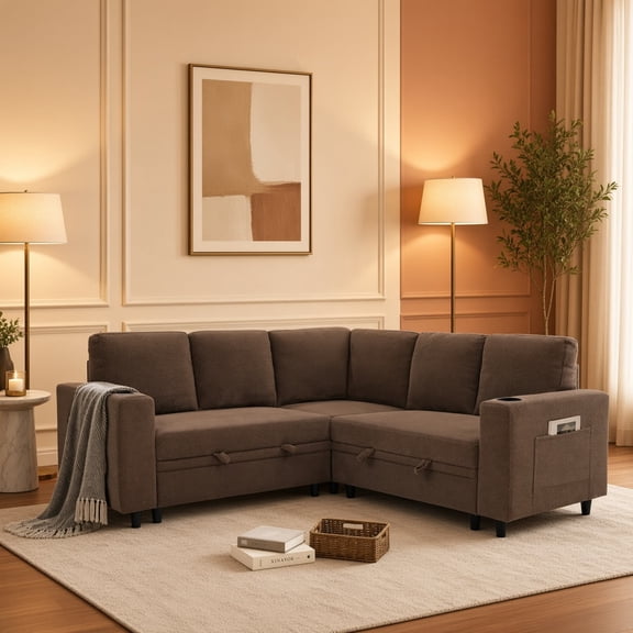 L-Shape Sectional Sofa Bed with Pull Out Sleeper and Storage, Convertible Corner Couch with Cup Holders and Side Pockets, Coffee