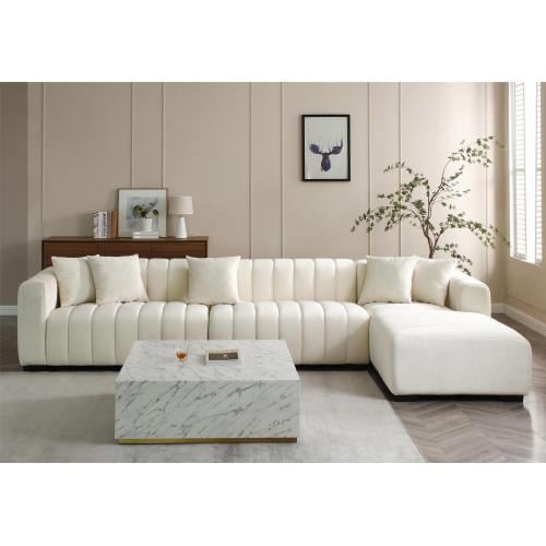 L-Shape Sectional Sofa Beige Velvet Deep Tufted Right Chaise Modular Couch for Living Room Modern 3-Seat Combo with Soft Fabric, Sturdy Frame, Easy Assembly, Apartment Friendly, 138.97"W