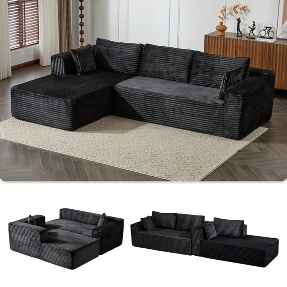L-Shape Sectional Sofa Couch with Comfy Chaise,Modular Compression Sectional Couch with Deep Seat,Corduroy Sleeper Sofa Couches for Living Room Bedroom Apartment,Black
