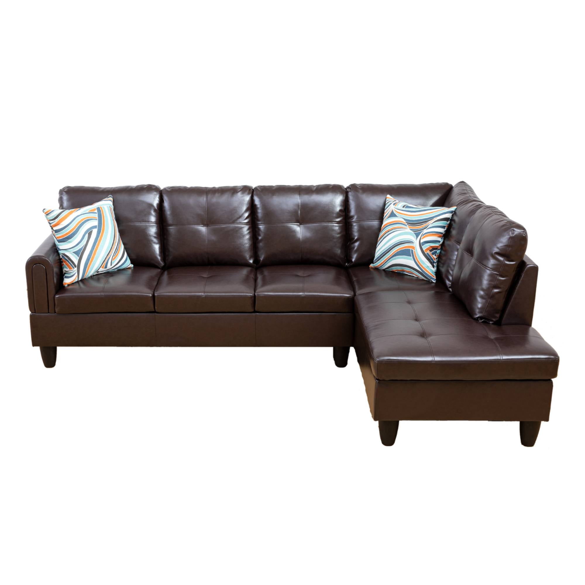 L Shape Sectional Sofa Couches Set, Modern Leather Corner Sofa Couch with Pillows for Living Room, Brown