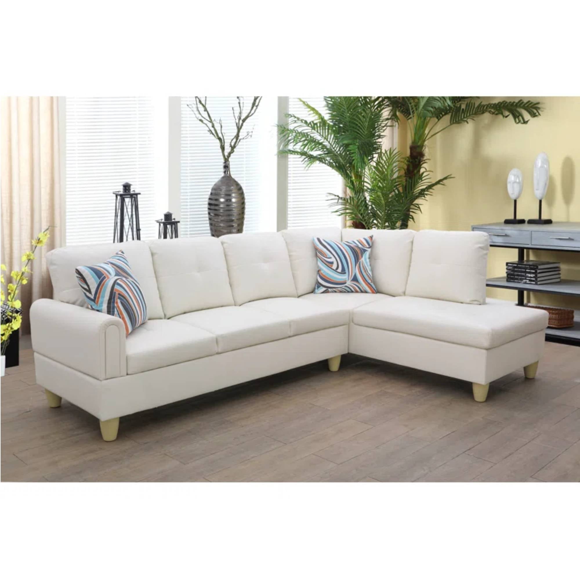 L Shape Sectional Sofa Couches Set, Modern Leather Corner Sofa Couch with Pillows for Living Room, White