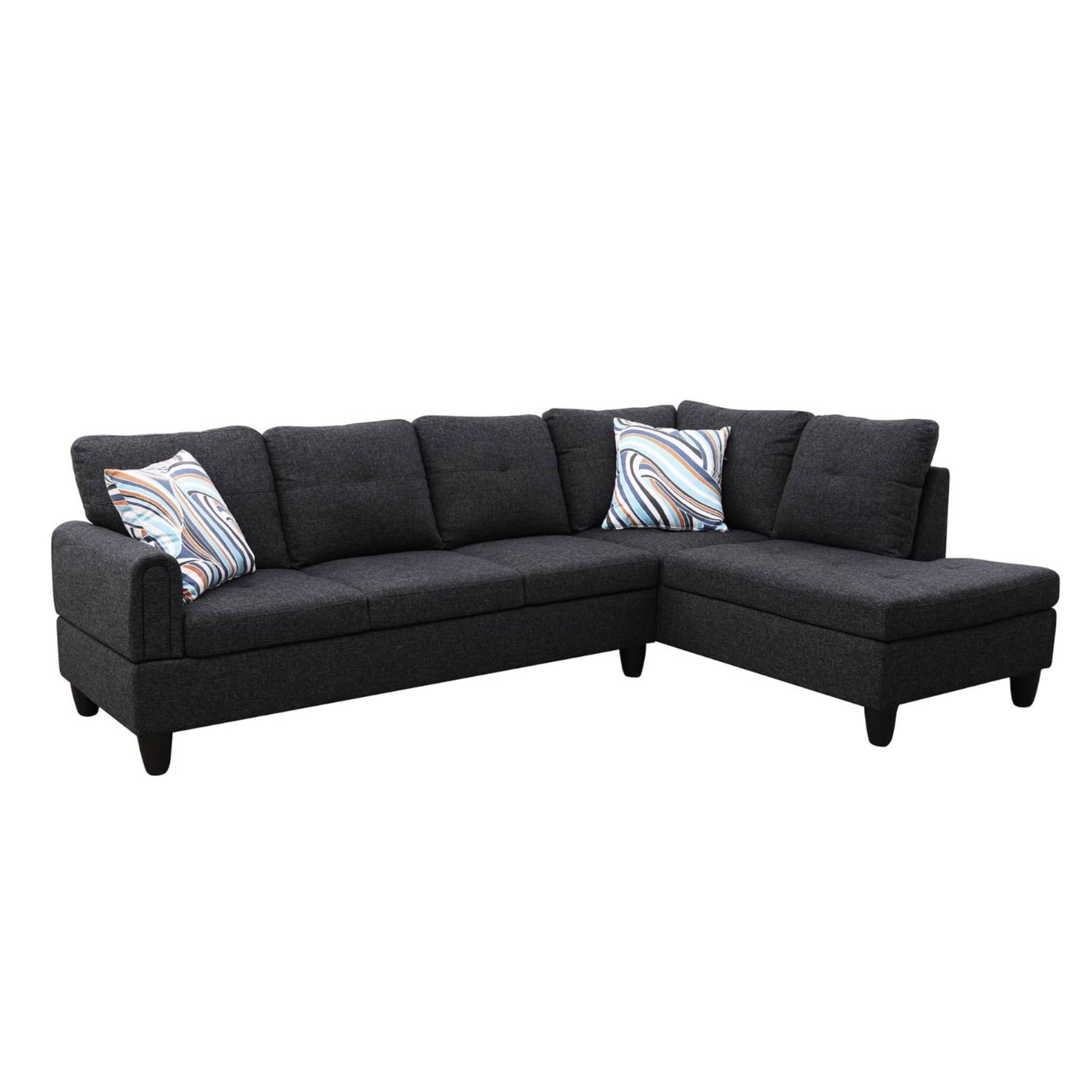 L Shape Sectional Sofa Couches Set, Upholstered Leather Corner Couch with Tufted Cushions for Living Room, Black Grey