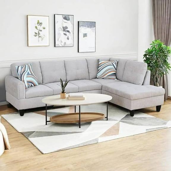 L Shape Sectional Sofa Couches Set, Upholstered Leather Corner Couch with Tufted Cushions for Living Room, Light Grey