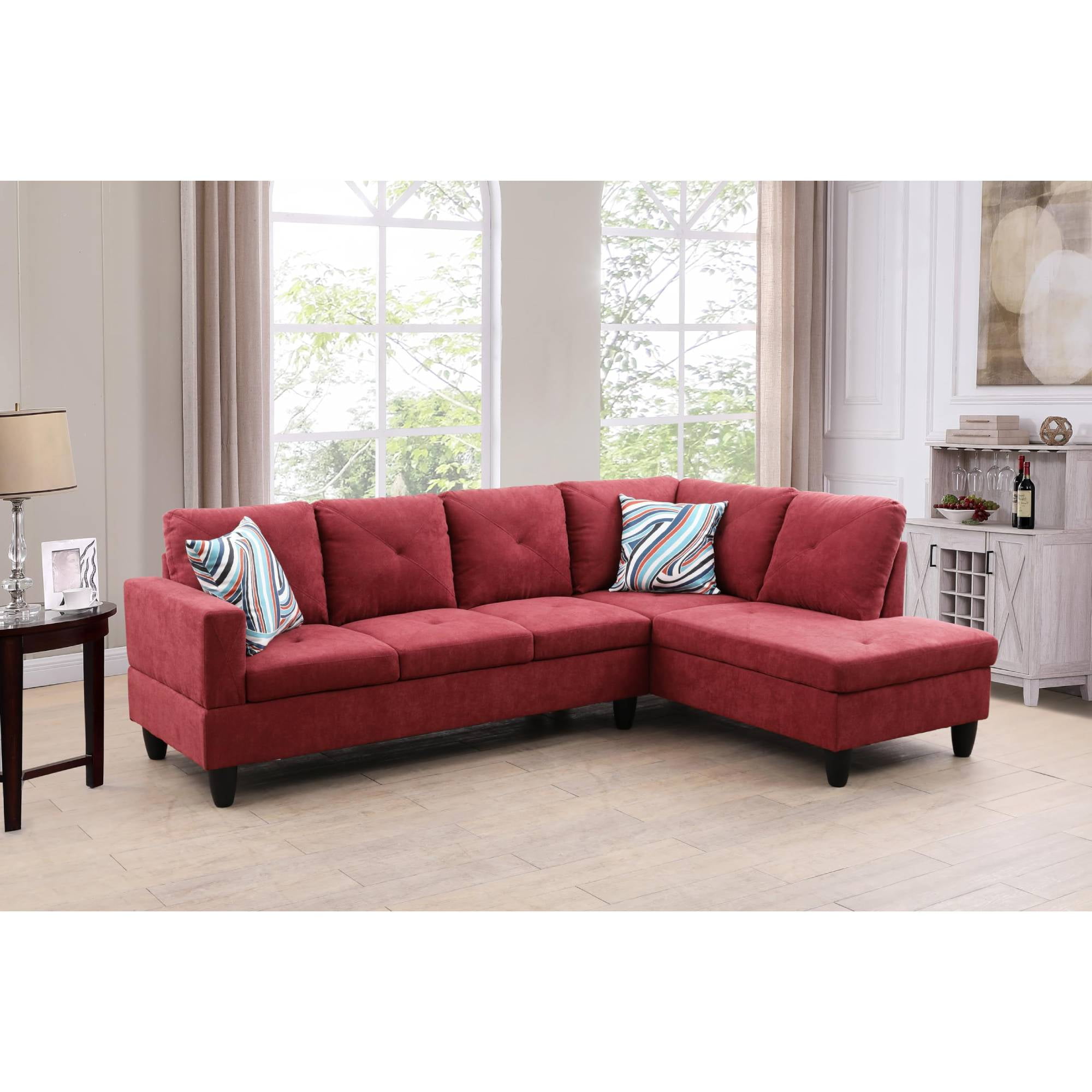 L Shape Sectional Sofa Couches Set, Upholstered Leather Corner Couch with Tufted Cushions for Living Room, Red