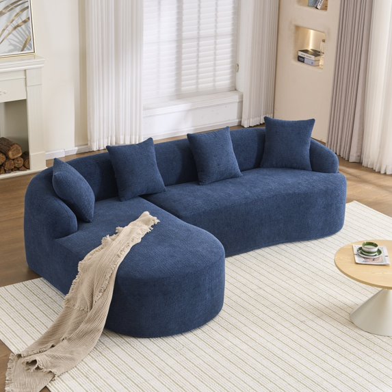 L-Shape Sectional Sofa with Curved Chaise in Navy Blue Chenille, 30D High-Density Foam and Spring Construction for Comfortable Apartment Living Room Seating
