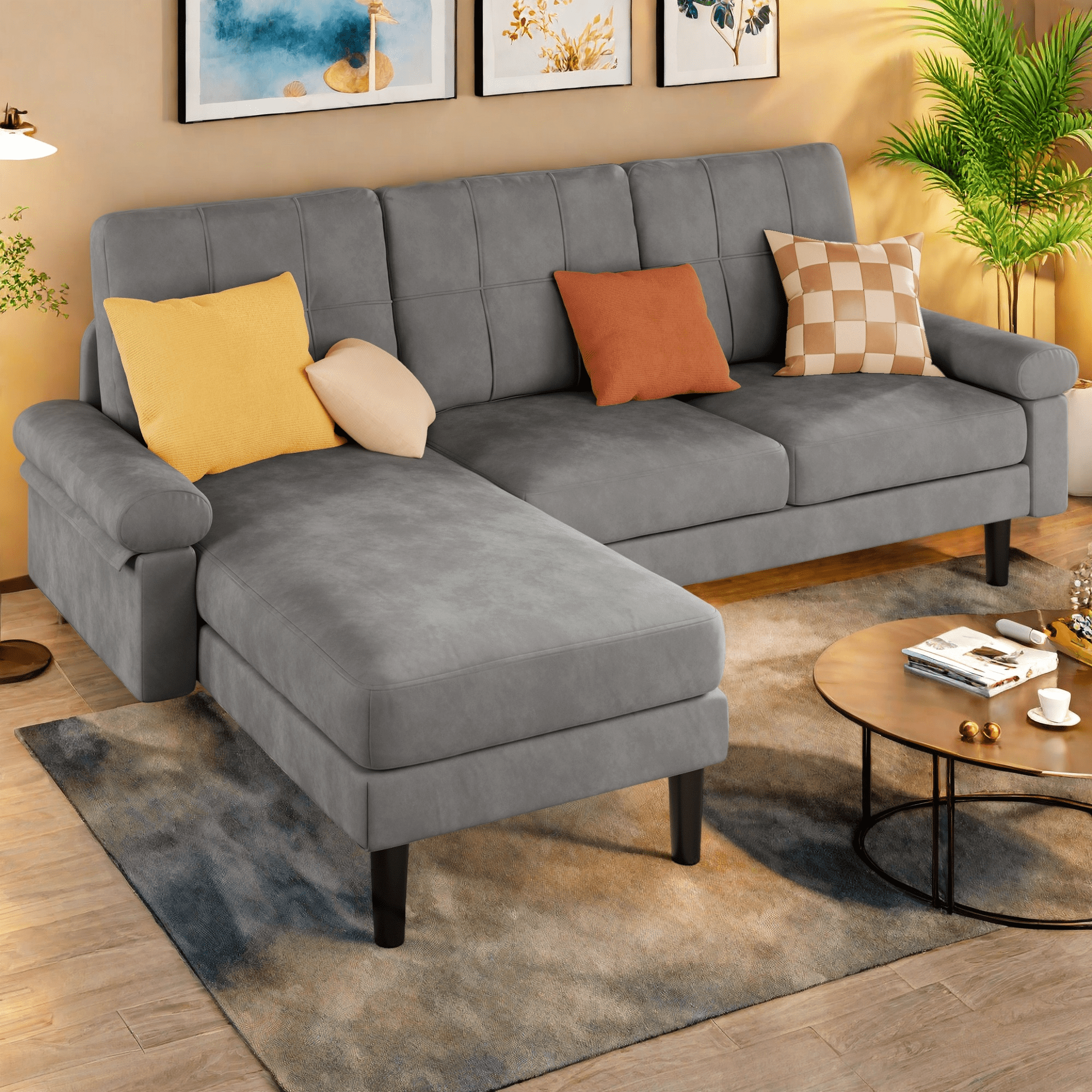Sofa Bed, Lofka 82" L Shaped Sectional Sofa and Couch with Moveable and Storage Ottoman for Family Gatherings, Living Room Furniture in Dark Gray