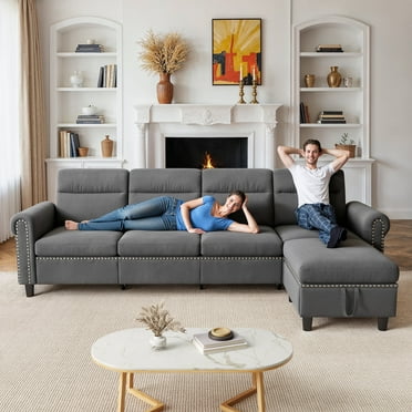 Sofa Bed, Lofka 106" L Shaped Sectional Sofa and Couch with Moveable and Storage Ottoman for Family Gatherings, Living Room Furniture in Dark Gray