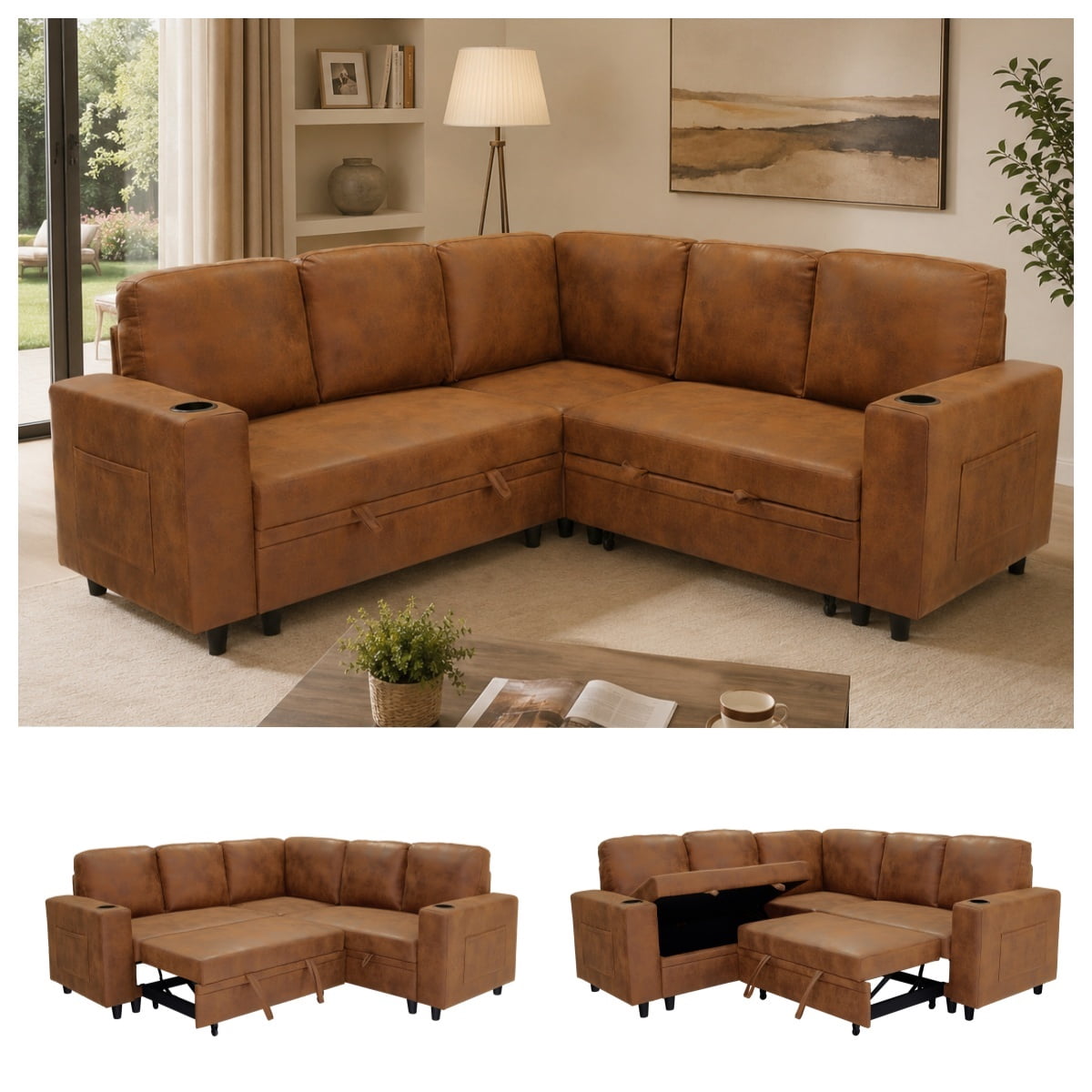 L-Shape Sectional Sofa with Pull-Out Sleeper Bed, Storage Chaise, Cup Holders & Side Pockets, Convertible Corner Sofa Couch for Living Room, Apartment & Guest Room