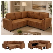 L-Shape Sectional Sofa with Pull-Out Sleeper Bed, Storage Chaise, Cup Holders & Side Pockets, Convertible Corner Sofa Couch for Living Room, Apartment & Guest Room