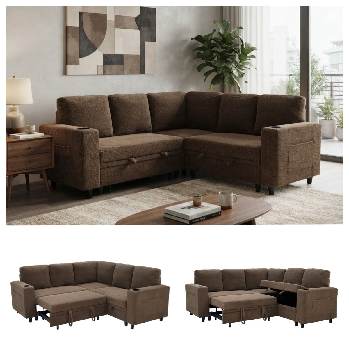 L-Shape Sectional Sofa with Pull-Out Sleeper Bed, Storage Chaise, Cup Holders & Side Pockets, Convertible Corner Sofa Couch for Living Room, Apartment & Guest Room
