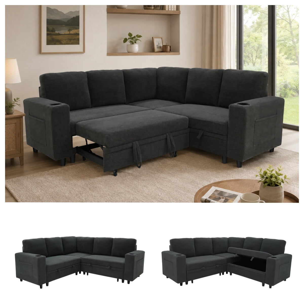 L-Shape Sectional Sofa with Pull-Out Sleeper Bed, Storage Chaise, Cup Holders & Side Pockets, Convertible Corner Sofa Couch for Living Room, Apartment & Guest Room