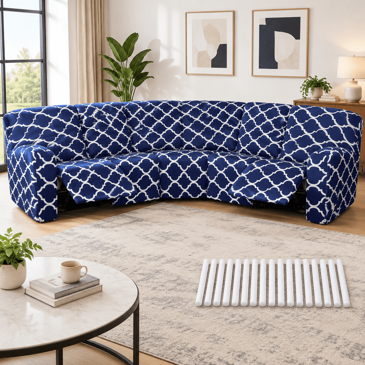 L Shape Sectional Sofa Slipcover, Navy Blue, 5-Seater Stretch Couch ...