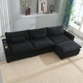 thumbnail image 1 of L Shape Sofa Couch with  USB & Cup Holders, Corduroy Stripe Fabric 3 Seater Sofa with 1 Ottoman, Black, 1 of 7