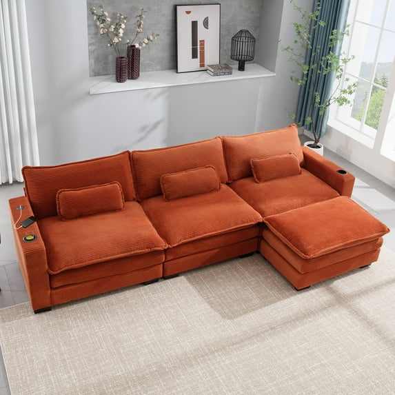 L Shape Sofa Couch with USB & Cup Holders, Corduroy Stripe Fabric 3 Seater Sofa with 1 Ottoman, Black