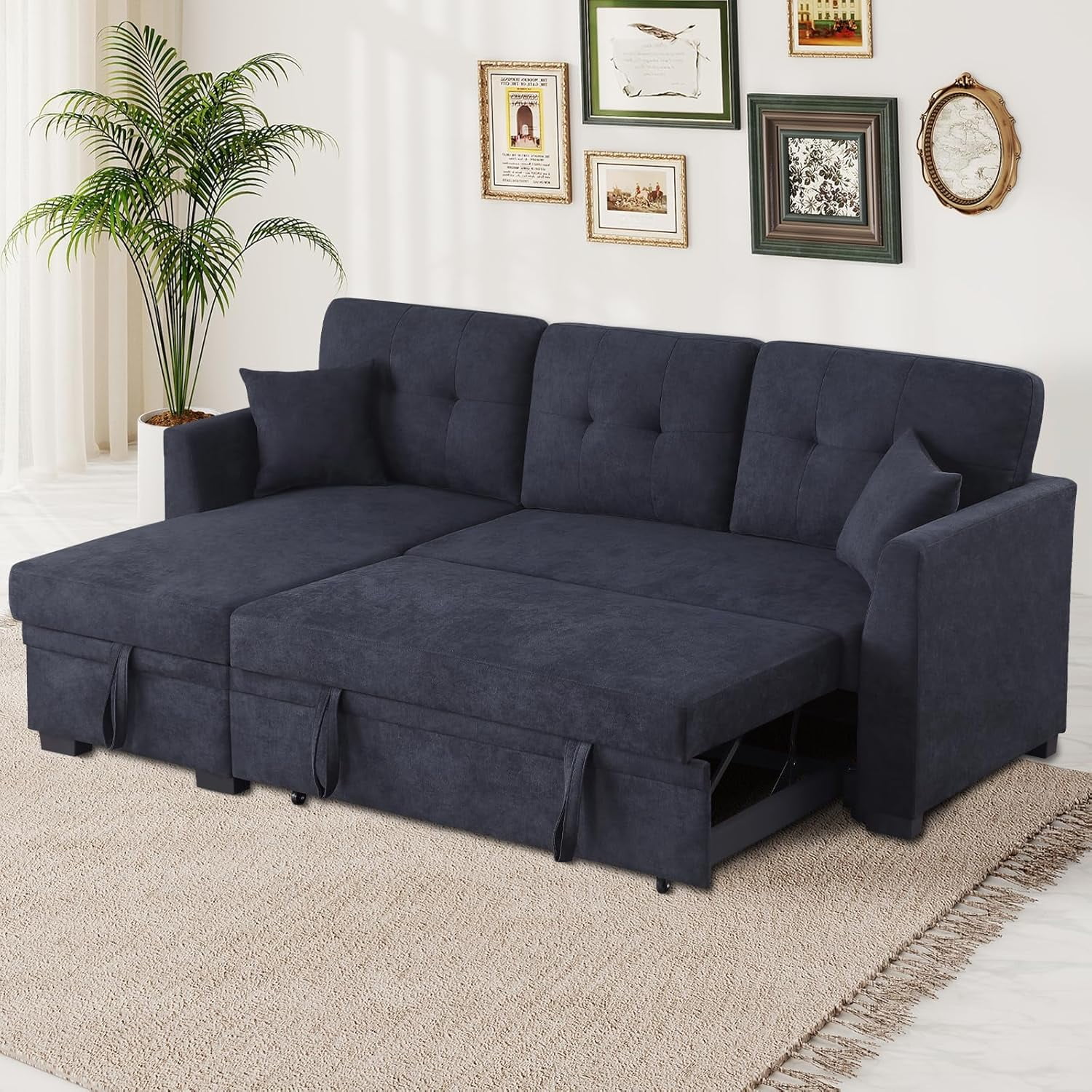 L Shape Sofa with Storage, Futon Pull Out Couch Bed Convertible Sleeper ...
