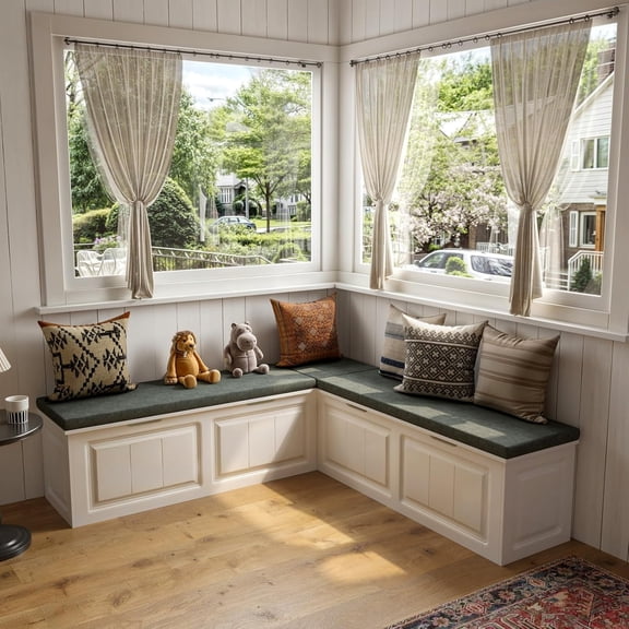 L Shape Storage Bench, Kitchen Breakfast Nook Bench, Backless Corner Bench Nook with Storage, Shoe Benches with Cushion for Entryway Cloakroom, White and Grey, 63D x 63W x 18.3H