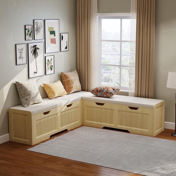 Pusnapku 63" L Shape Storage Bench, Modern Backless Wood Corner Bench with Hidden Storage, Cushion, Kitchen Breakfast Nook for Entryway, Dining Room