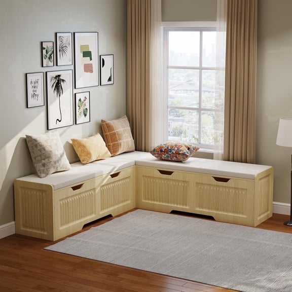 Pusnapku 63" L Shape Storage Bench, Modern Backless Wood Corner Bench with Hidden Storage, Cushion, Kitchen Breakfast Nook for Entryway, Dining Room
