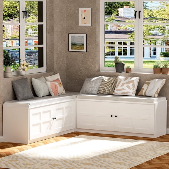 L-Shape Storage Bench With Cushion, With Storage Space For Entryway For Dining Room, Kitchen, Entryway