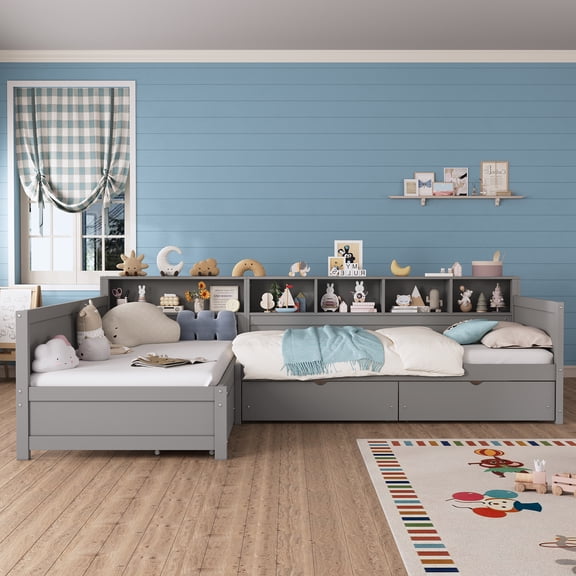 L-Shape Twin Daybed for 2, Corner Day Bed Frame with 3 Storage Drawers & Bookshelf, Twin Size Sofa Bed for Small Space Bedroom Living Room, Grey
