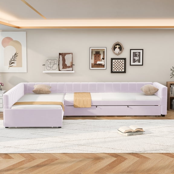 L-Shape Upholstered Double Twin Daybed with Trundle & Drawer, Pink Velvet Sofa Bed with Pull-Out Guest Bed & Storage, Space-Saving for Living Room, Guest Room, Apartment