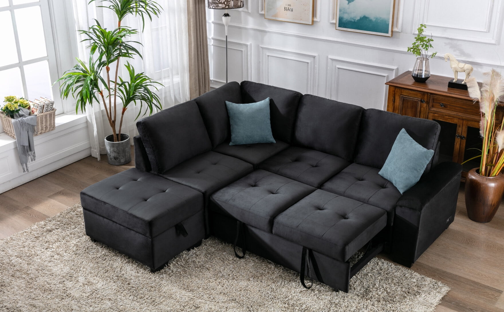 LShape Velvet Sofa Set, Modern Sleeper Sofa with Pull Out Sleeper