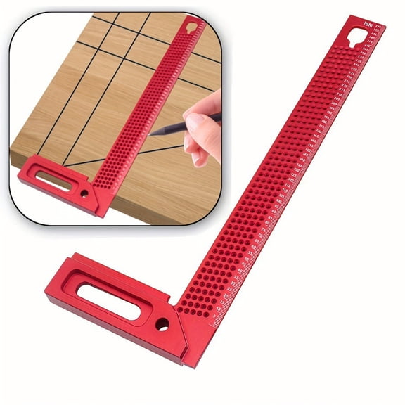 L-Shape Woodworking Rule 300mm Aluminum Scribing Tool with Marking Holes for Furniture Making DIY Projects Red
