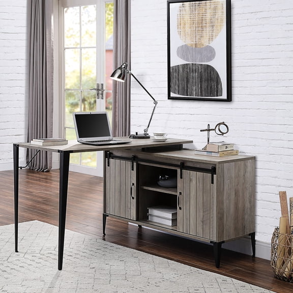 L-Shape Writing Desk in Grey | Office Use for Multiple Users | Paper Composite Main | Concealed Storage and Cables