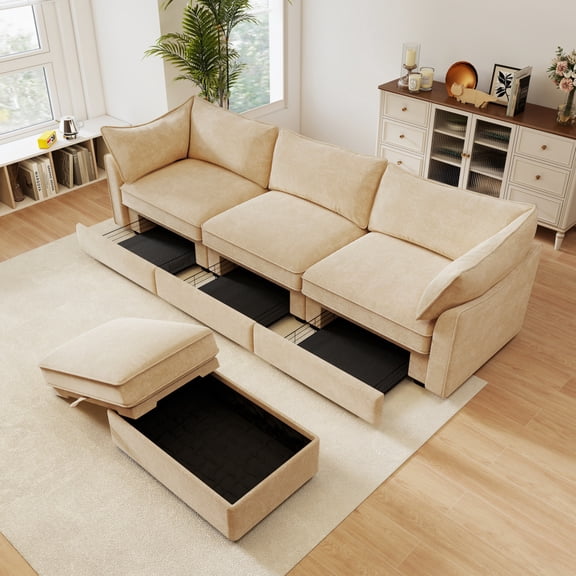 L-Shaped 3-Seater Modular Sofa with Movable Footstool, Crescent Armrests, Wraparound Cushions, Chenille Fabric in Wheat Color for Modern Living Room Storage Solutions