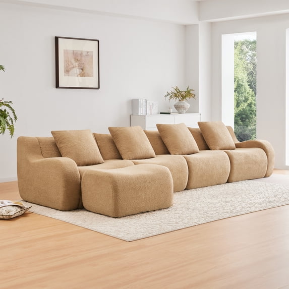 L-Shaped 4-Seat Boneless Sofa,Teddy Fabric No Assembly Required Curved Armrest,Anti-slip Design, Assembly Chaise,32D High Density Sponge Full Compression Vacuum Packag,For Studies living Rooms,CameI