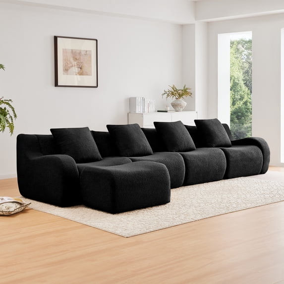 L-Shaped 4-Seat Boneless Sofa,Teddy Fabric No Assembly Required Curved Armrest,Anti-slip Design, Assembly Chaise, 32D High Density Sponge Full Compression Vacuum Packag,For Studies living Rooms,Blac