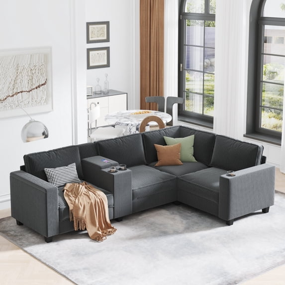 L-Shaped 4-Seater 105.5''*66.5'' Corduroy Sofa, Large Storage Armrests with Center Console, Usb Charging, Left and Right Seats Can Be Switched (Grey)