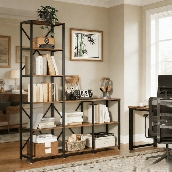 L Shaped 5Tier Ladder Bookshelf Asymmetrical Display Shelf Space Saving Corner Unit Metal Frame Particle Board Modern Loft Style for Living Room Home Office Bedroom Plant Stand Room Divider